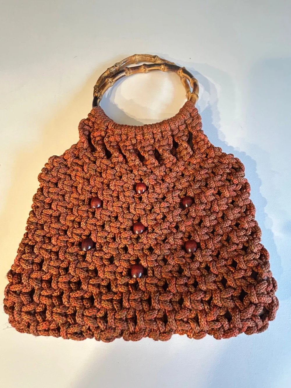 Handmade‎ Crochet Bamboo Handle Handbag Boho Rustic Purse Brown Wood Bead Accent